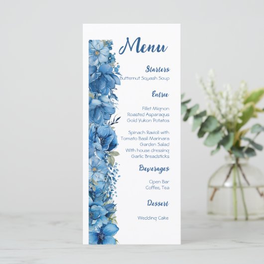 Sapphire Elegance Blauw en Wit Bruiloft Menu (Staand voorkant)