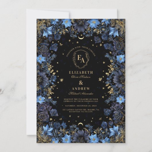 Sapphire Floral Celestial Wedding Kaart (Voorkant)
