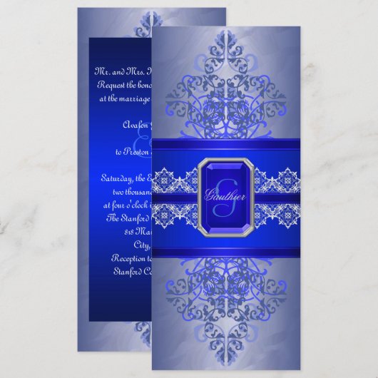 Sapphire Frost Monogram Ribbon Wedding Invitation Kaart (Voorkant / Achterkant)