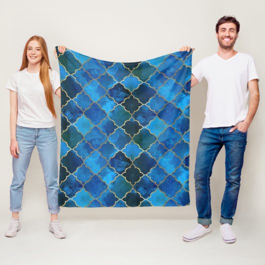 Sapphire Gemstone & Gold Moroccan Tegel Pattern Fleece Deken (In situ)
