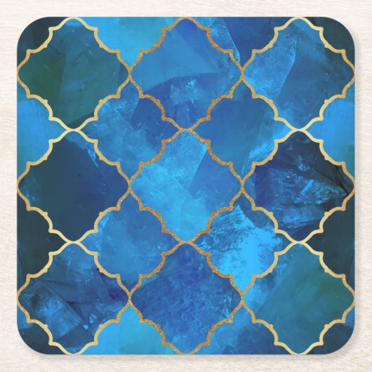 Sapphire Gemstone & Gold Moroccan Tegel Pattern Kartonnen Onderzetters (Voorkant)