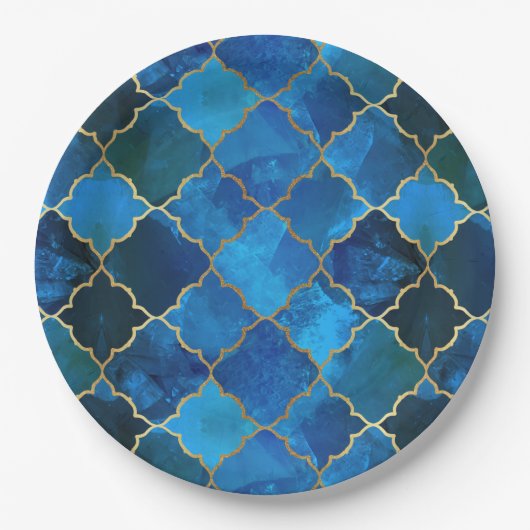 Sapphire Gemstone & Gold Moroccan Tegel Pattern Papieren Bordje (Voorkant)