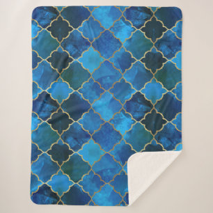 Sapphire Gemstone & Gold Moroccan Tegel Pattern Sherpa Deken