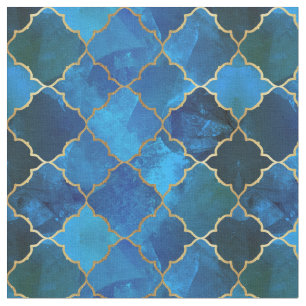Sapphire Gemstone & Gold Moroccan Tegel Pattern Stof