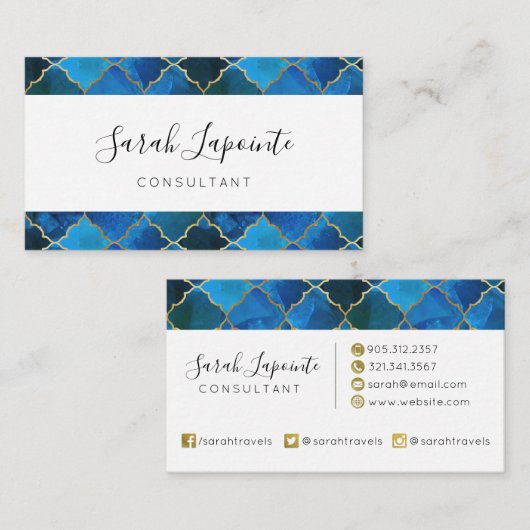 Sapphire Gemstone & Gold Moroccan Tegel Pattern Visitekaartje (Voorkant / Achterkant)