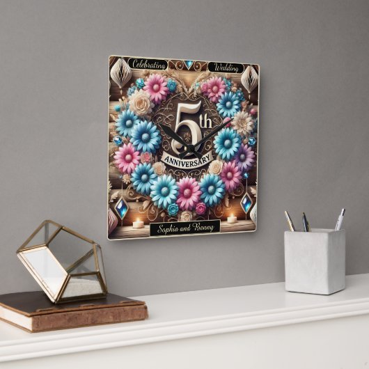 Sapphire Glow: 5e Jubileum Reflectie Vierkante Klok (Kantoor)