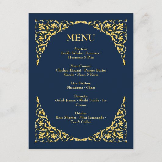 Sapphire Grace Royal Blue and Gold Wedding Menu (Voorkant)