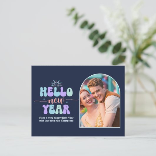 Sapphire Groove New Year Retro Modern Blue Photo Feestdagenkaart (Staand voorkant)