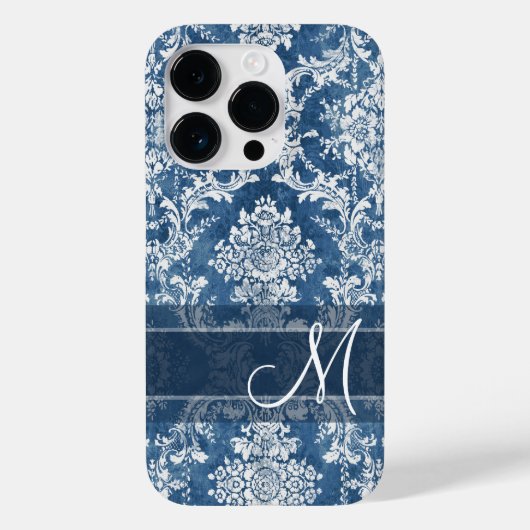 Sapphire Grunge Damask Pattern met Monogram Case-Mate iPhone Case (Achterkant)