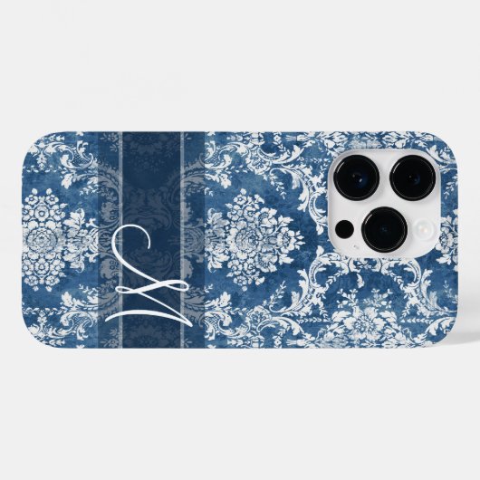 Sapphire Grunge Damask Pattern met Monogram Case-Mate iPhone Case (Achterkant (horizontaal))