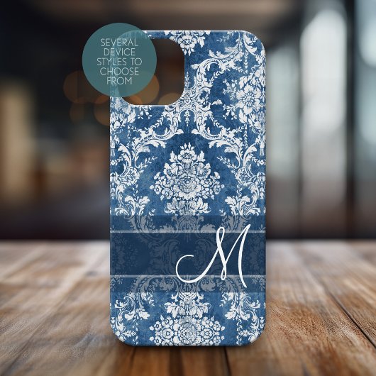 Sapphire Grunge Damask Pattern met Monogram Case-Mate iPhone Case