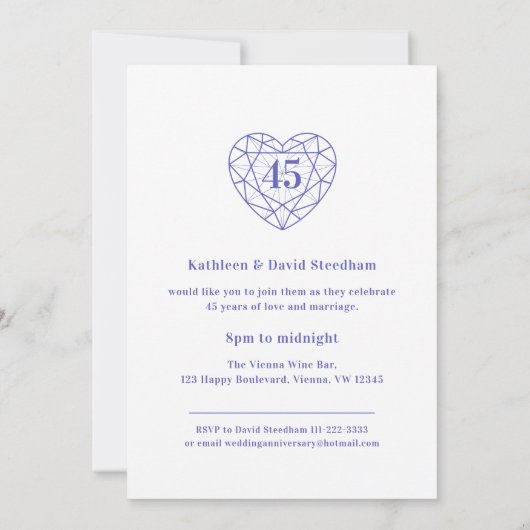 Sapphire Jubileum 45 jaar liefdesuitnodigingen Kaart (Achterkant)