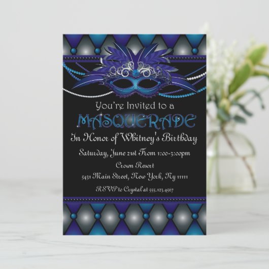 Sapphire Masquerade Party Invitations Kaart (Staand voorkant)