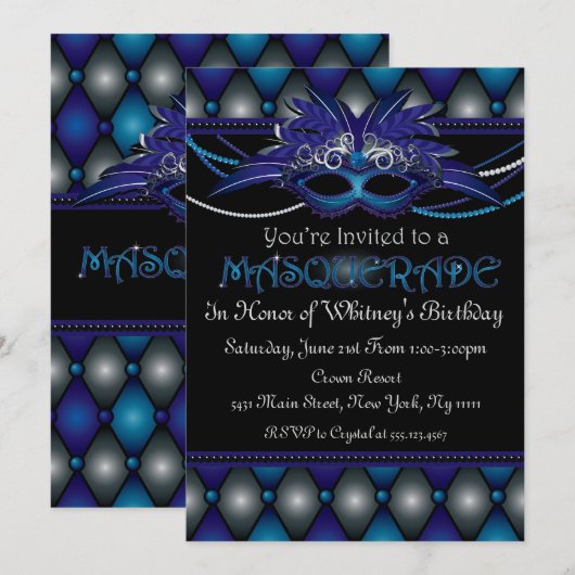 Sapphire Masquerade Party Invitations Kaart (Voorkant / Achterkant)