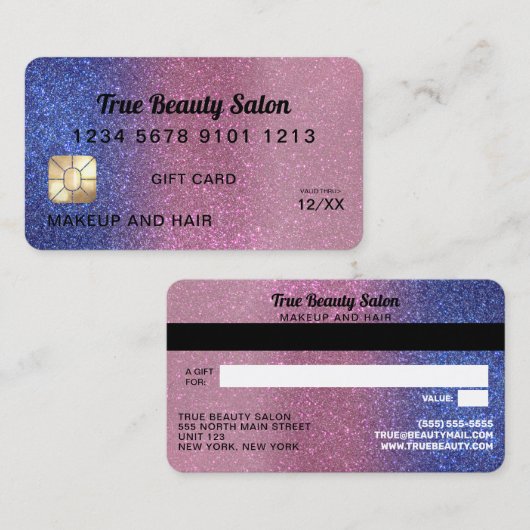 Sapphire Pink Glitter Credit Kaart Cadeaubon Visitekaartje (Voorkant / Achterkant)