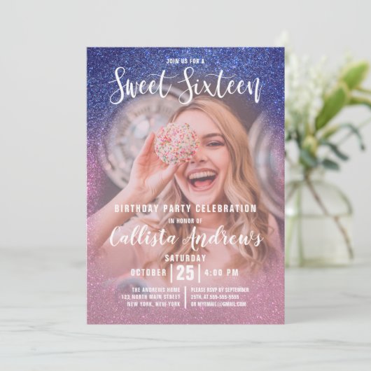 Sapphire Pink Triple Glitter Ombre Foto Sweet 16 Kaart (Staand voorkant)