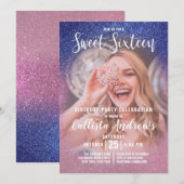 Sapphire Pink Triple Glitter Ombre Foto Sweet 16 Kaart (Voorkant / Achterkant)
