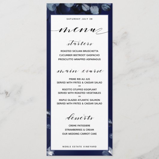 Sapphire Pioen Bruiloft Diner Menu (Voorkant)