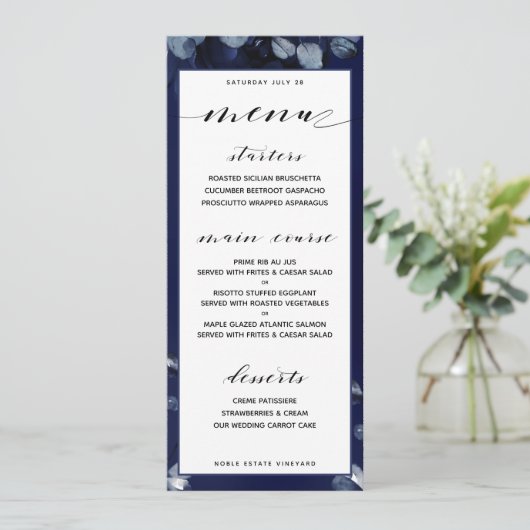 Sapphire Pioen Bruiloft Diner Menu (Staand voorkant)