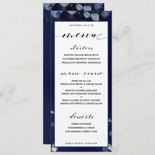Sapphire Pioen Bruiloft Diner Menu (Voorkant / Achterkant)