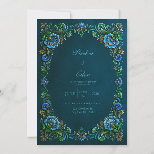 Sapphire Teal Floral Wedding Kaart (Voorkant)