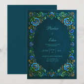 Sapphire Teal Floral Wedding Kaart (Voorkant / Achterkant)