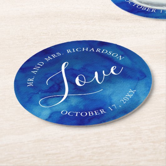 Sapphire Tide Bruiloft Liefde Monogram Papier Onde Ronde Kartonnen Onderzetter (Gebogen)