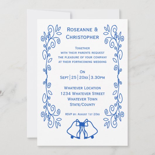 Sapphire Wedding Invitation Bells Scrollwork Kaart (Voorkant)