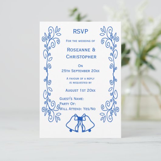 Sapphire Wedding RSVP Kaart Bells Scrollwork (Staand voorkant)