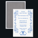 Sapphire Wedding Save The Date Magneet Bells<br><div class="desc">Trouwen slaan de datum magneet klokken ontwerp. Pas deze blauwe bruiloft aan en sla de datummagneet op met uw trouwgegevens. Mocht u hulp nodig hebben bij het aanpassen, neem dan contact met ons op via de link op deze pagina. Saffier gekleurde klokken ontwerp gepersonaliseerde bruiloft opslaan van de datum magneet...</div>