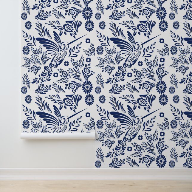 Sapphire Witte kolibrie Mexicaanse Talavera Mozaïe Behang (Applicatie)