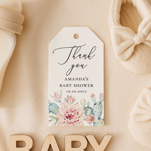 Sappige babyshower dankjewel | Bloemige cactus Cadeaulabel