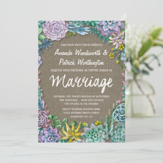 Sappige en rustieke Burlap bruiloft uitnodigingen (Staand voorkant)