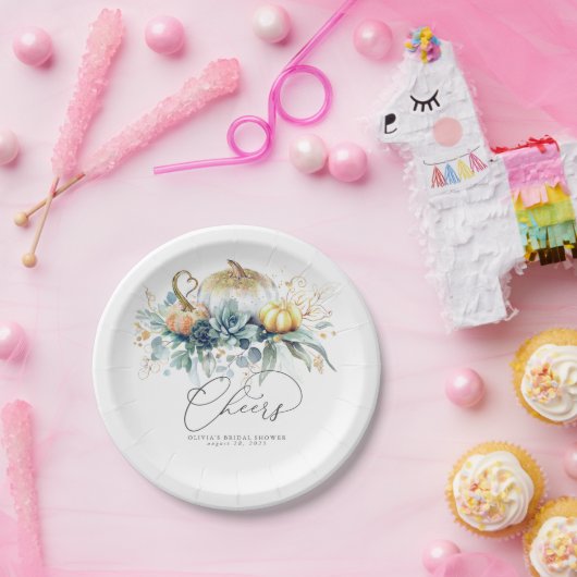 Sappige groen en gouden pompoenen Herfst Proost Papieren Bordje (Feest)