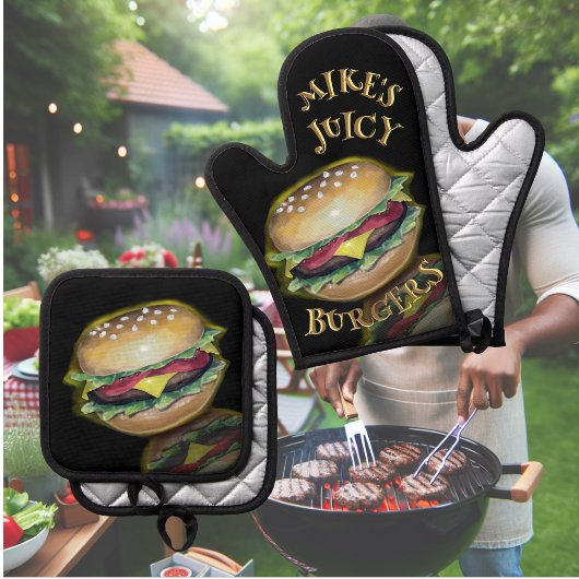 Sappige heerlijke hamburgers ovenwant & pannenlap set