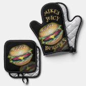 Sappige heerlijke hamburgers ovenwant & pannenlap set (Voorkant / Achterkant)