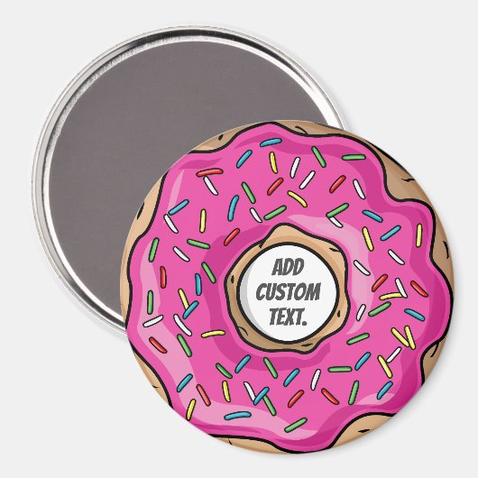 Sappige roze gestrooide donut aangepaste tekst magneet (Voorkant / Achterkant)