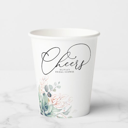 Sappige Roze Gouden Groene Bladeren Elegant Modern Papieren Bekers (Achterkant)