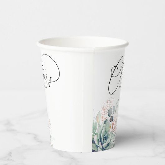 Sappige Roze Gouden Groene Bladeren Elegant Modern Papieren Bekers (Rechts)