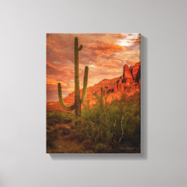 Saquaro Cactus Superstition Mountain Sunset 11x14 Canvas Afdruk