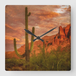 Saquaro Cactus Superstition Mountain Sunset Vierkante Klok
