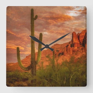 Saquaro Cactus Superstition Mountain Sunset Vierkante Klok