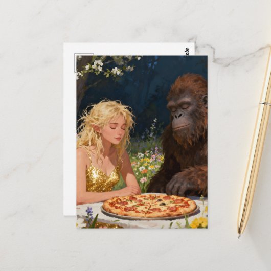 Saquatch en Feeën Pizza Feestje Briefkaart (Voorkant / Achterkant in situ)