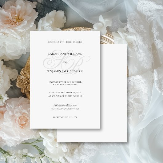 Sarah Elegant Monogram Black & White Wedding Kaart