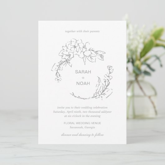 Sarah Grey Bloemenkrans Moderne bruiloft Kaart (Staand voorkant)