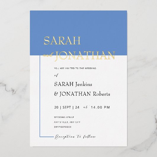 SARAH Modern Blauw Minimalistische Echte Folie Uit Folie Uitnodiging (Voorkant)