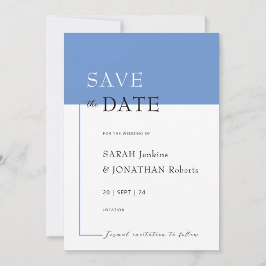 SARAH Modern Blue Minimalist Save The Date Kaart (Voorkant)