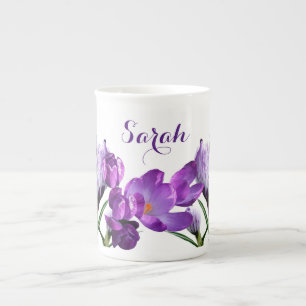 Sarah naam schattige paarse krokusbloem Porselein Kop