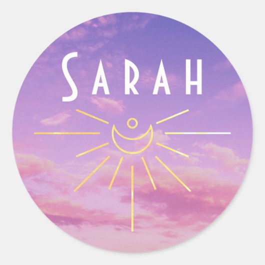 Sarah Naam Stickers Rond Zonnig Boho Hippie (Voorkant)