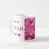 "Sarah" Roze Hydrangea Bloemen Letters, Schattigee Koffiemok (Voorkant links)